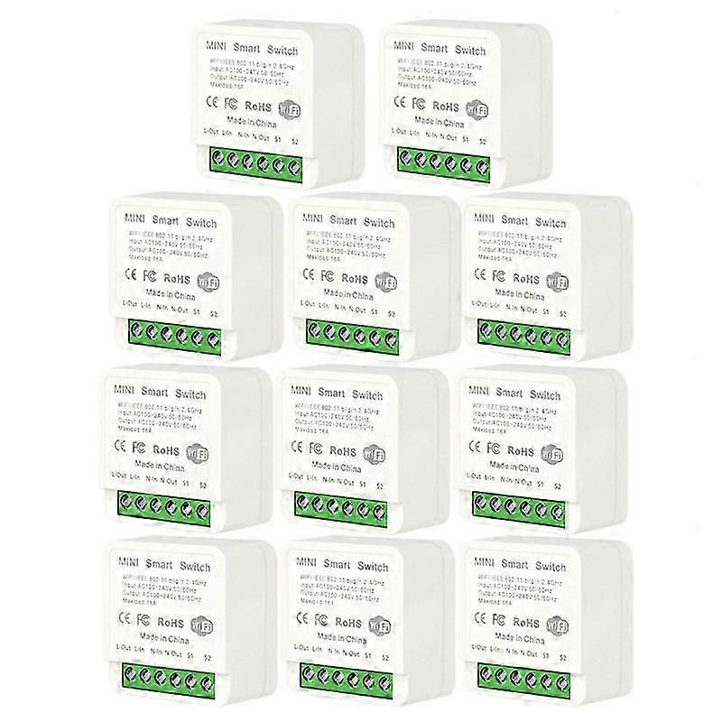 Tuya WiFi Smart Switch Module 10-Pack - 16A Power Monitor Smart Life 2-Way Control Mini Switch Breaker for Alexa & Google Home