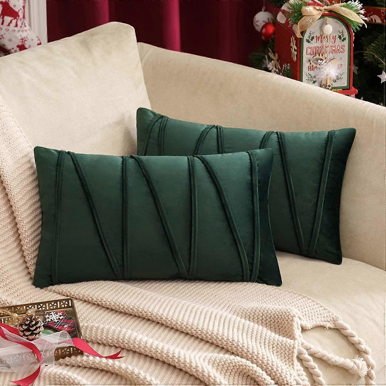 2 Boho Velvet Throw Pillow Decorative Soft Solid Outdoor Cushion For Couch Bed Sofa (inserts + Pillow Covers,  Dark Green)