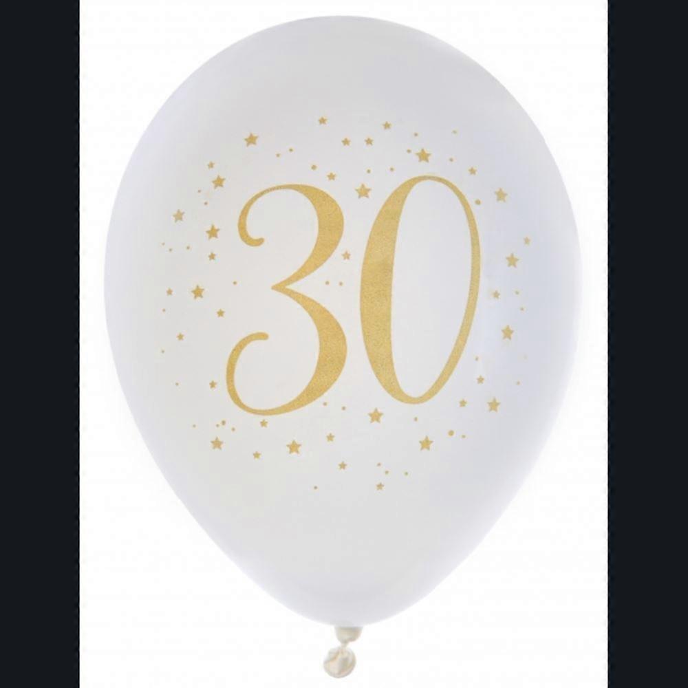 White and Gold Age 30 Balloons x8