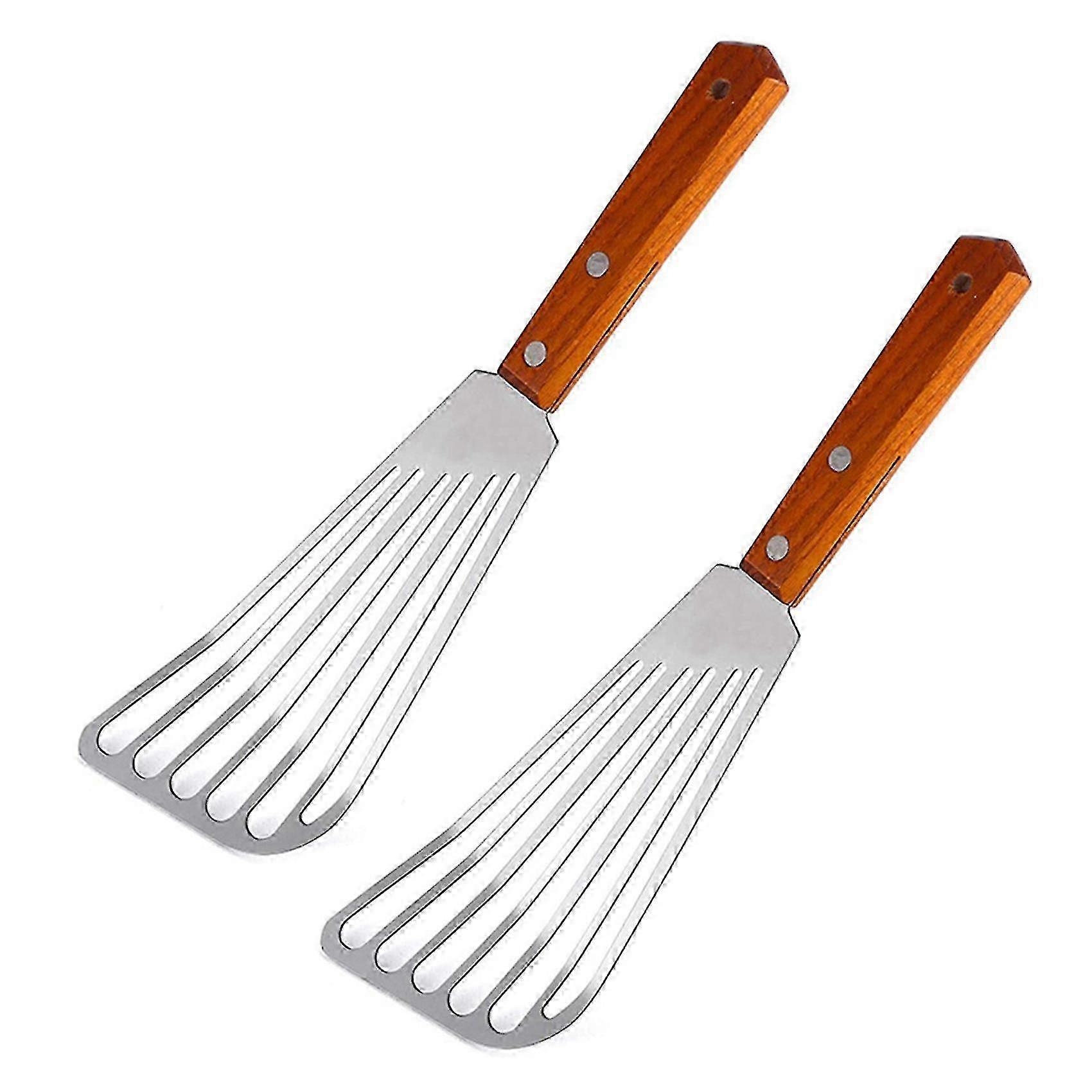 2x Paslanmaz Çelik Balık Spatulası Döner, Ahşap Saplı Balık Spatulası, Yuvalı Döner, Mutfak Spatulası F Tw-2025