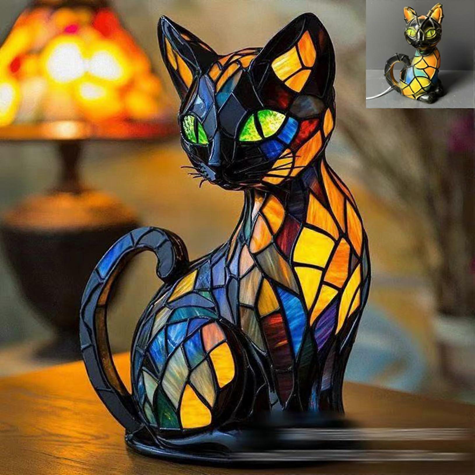 Cat Lamp Cats Series Art Night Light Retro Stained Resin Tabletop LED 3D Pet LED Table Lamp Gift For Cat Lovers (A)