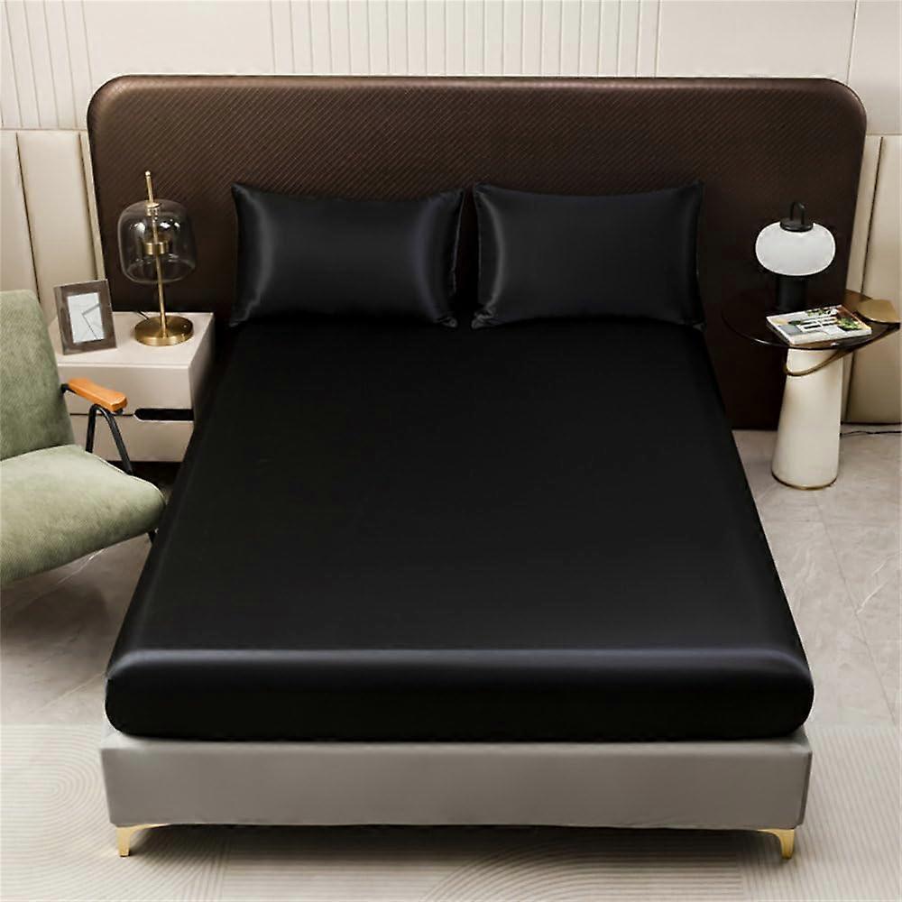 Black Satin Sheet Set with Fitted Sheet, Pillowcase, Smooth Bedding, Machine Washable, 140x200cm