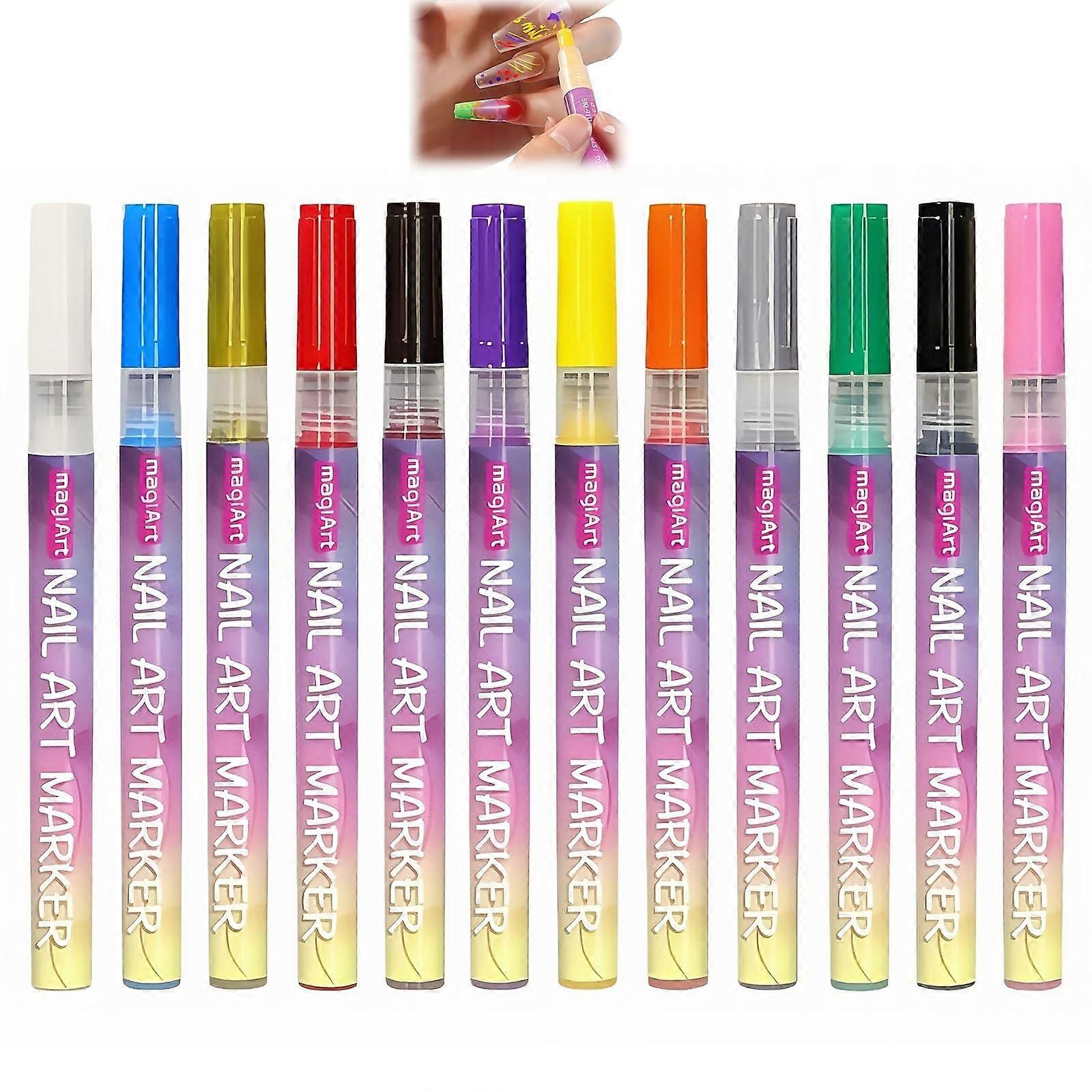 12 Color Nail Art Pen Set with 0.5mm Precision Tip for DIY Home Salon and Detailed Designs