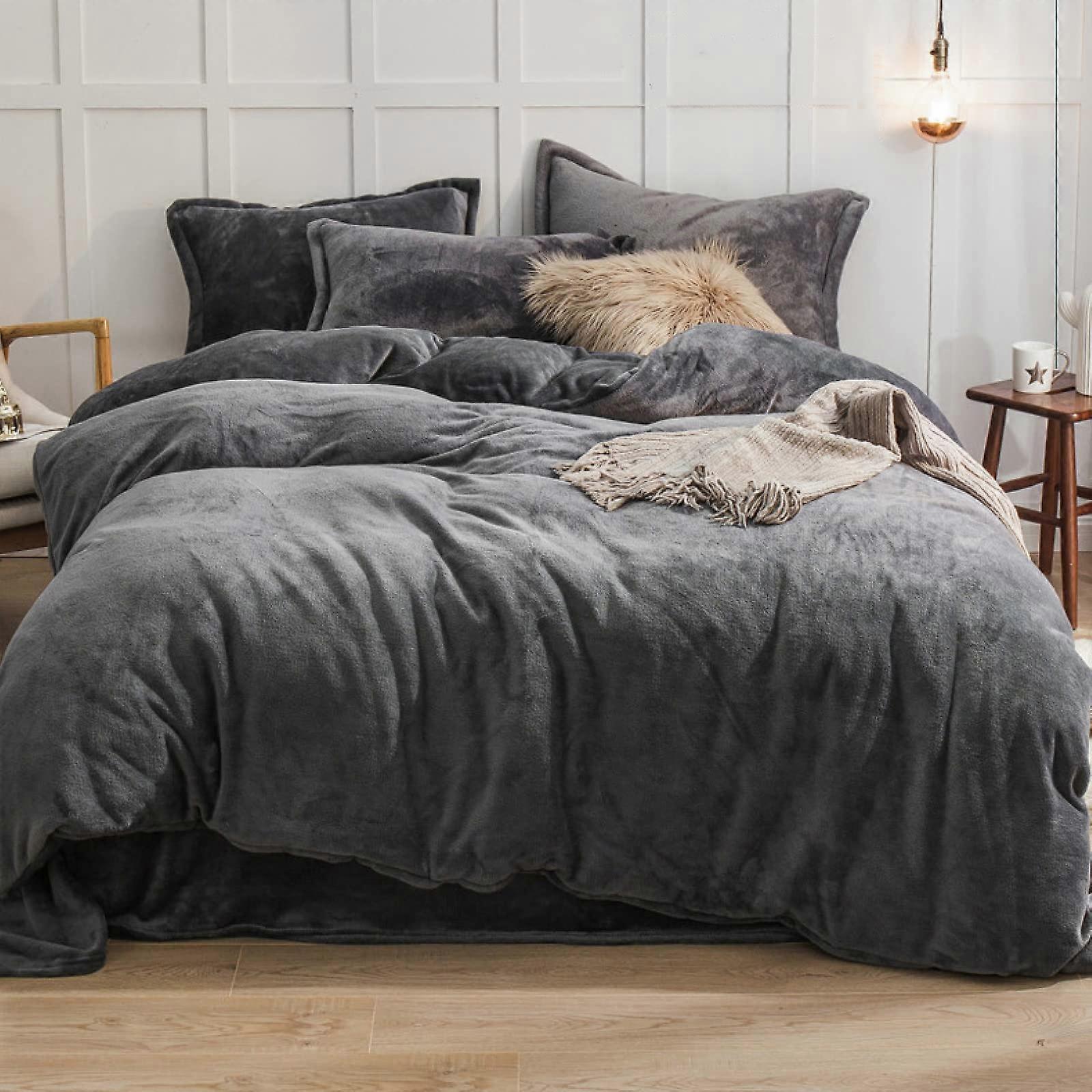 Luxury Flannel Duvet Cover King Size, UltraSoft Plush Bedding Set with Hidden Zipper, Gray 59x79