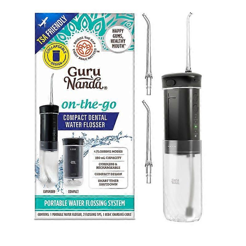 GuruNanda Compact Dental Water Flosser - Travel Size Oral Irrigator with Smart Timer & 2 Floss Tips - 180ml Tank