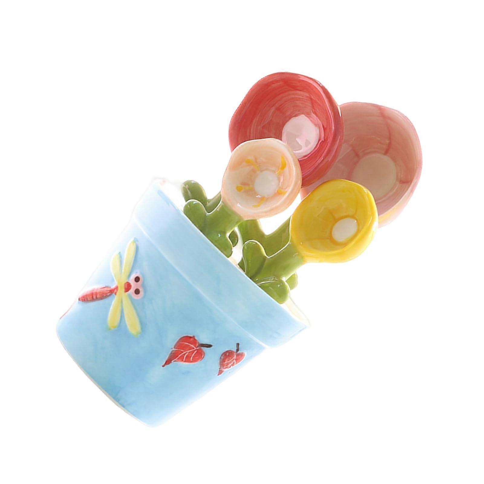 Ceramic Measuring Spoons Set with Cute Flower Design and Hangable Storage for Coffee and Cooking
