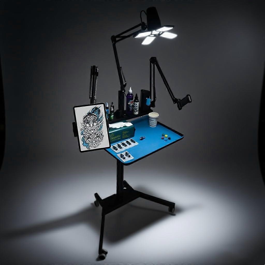 Tattoo Workstation with LED Light, Magnetic Detachable Tray, Lockable Wheels, Large Surface, Black