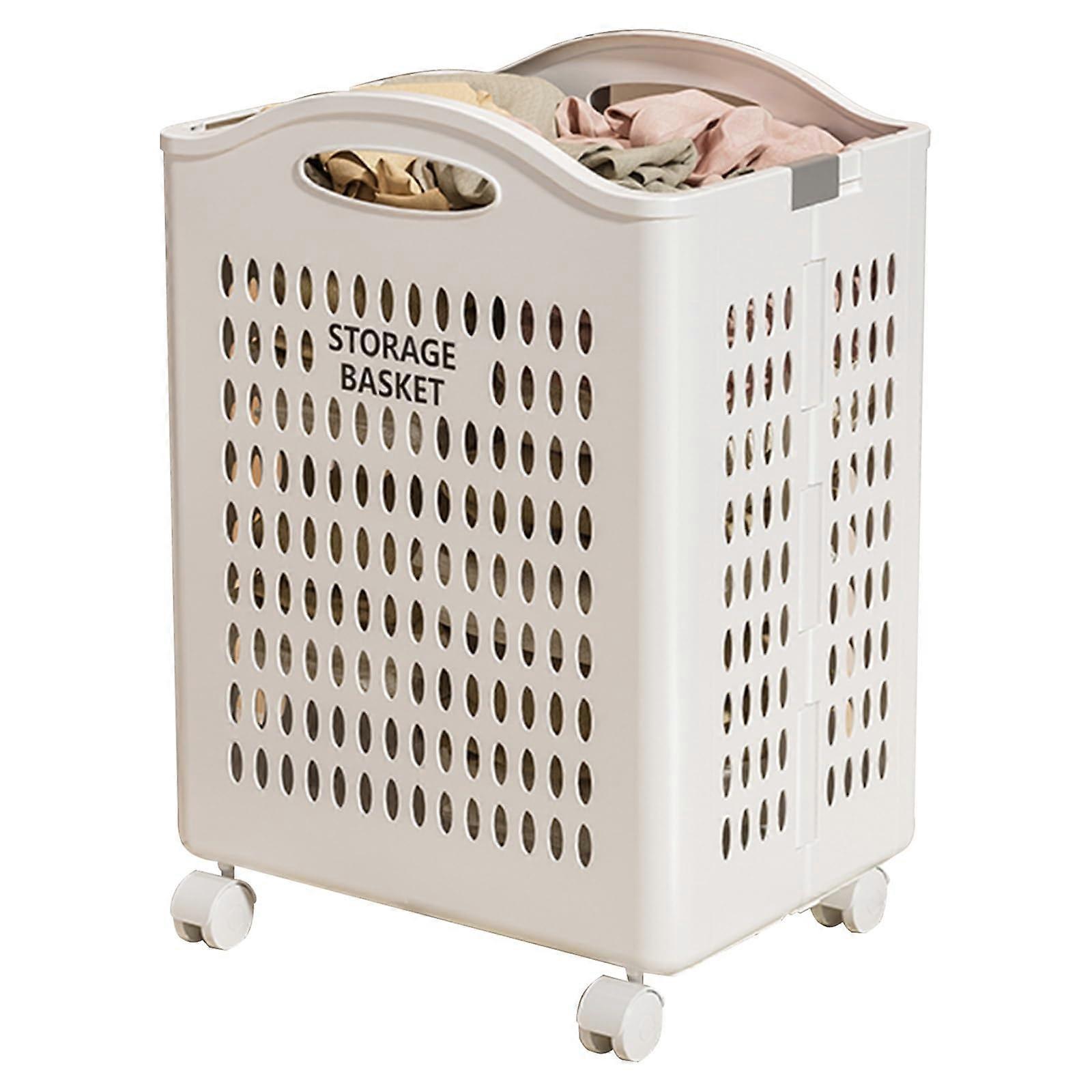 Foldable Laundry Basket with Wheels Large Plastic Hamper with Handles for Bedroom Bathroom Dorm White
