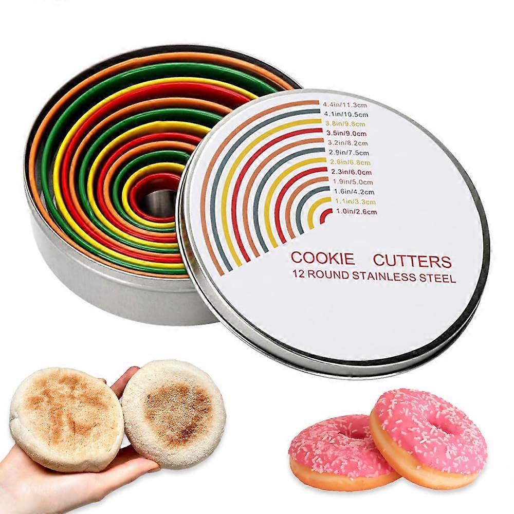 12 Pcs Stainless Steel Round Cookie Cutter Set with Complete Size Range for Biscuits Donuts Pastries