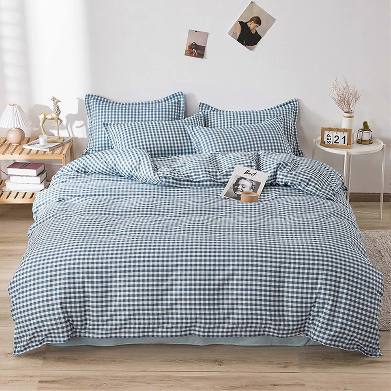 150x200cm Blue Bedding Set 4pcs Checkered Quilt Cover for Student Dormitory Use