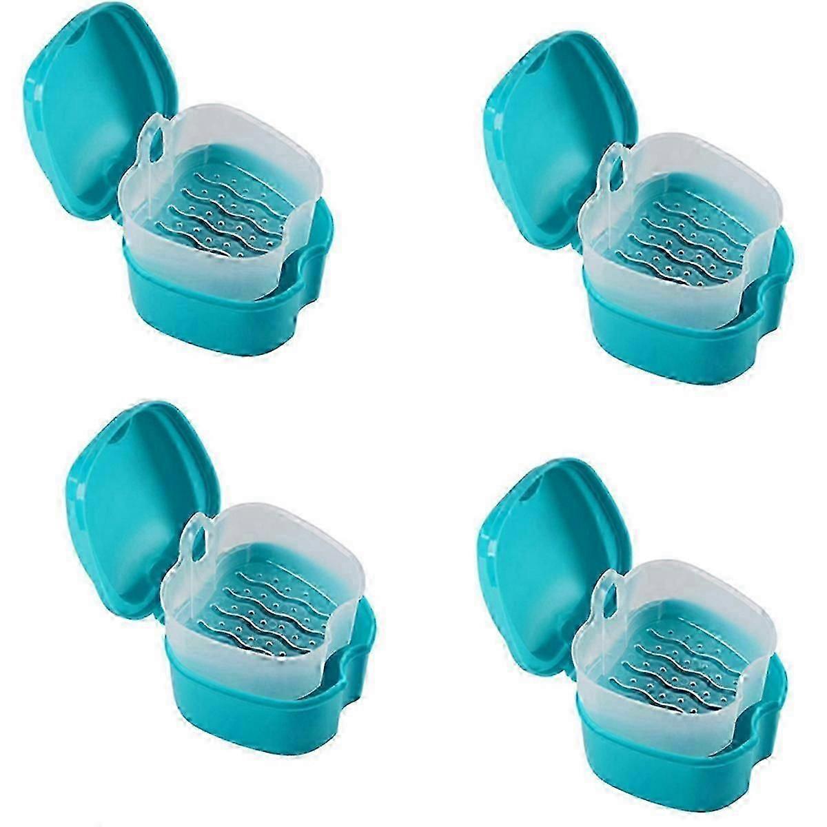 Blue Denture Case, Cup with Strainer, with Net Container Holder