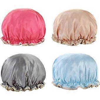 4 Pack Shower Caps, Waterproof Double Layer Reusable Satin Lined Bath Cap for Women, One Size Fits Most