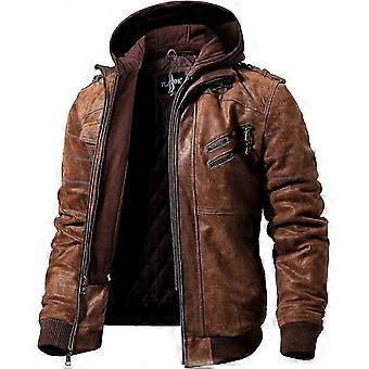 Men Brown Leather Motorcycle Jacket With Removable Hood-YuJia