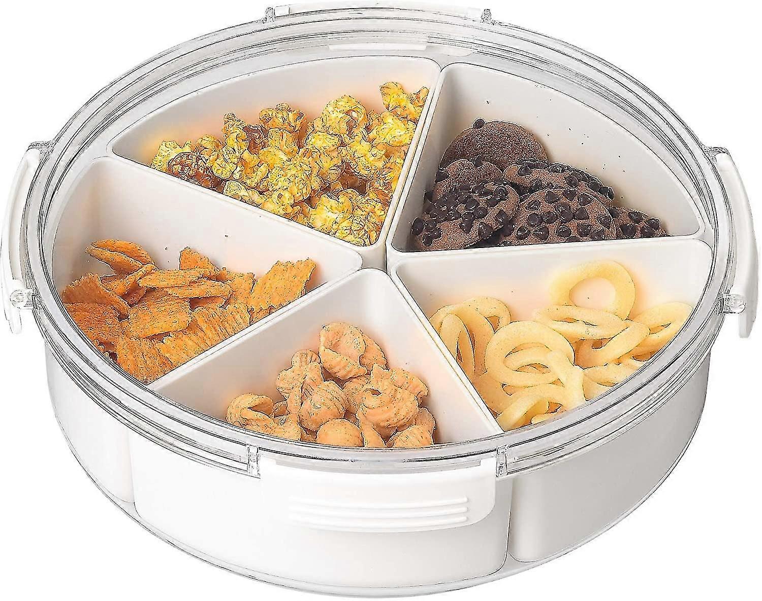 White Round Plastic Divided Serving Tray With Lids, 5 Containers