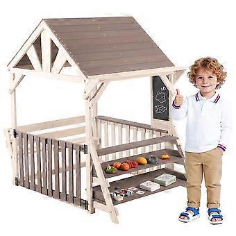 House-shaped wooden outdoor kitchen playset with a rainproof roof and half-height railings, featuring a multi-purpose plant and toy shelf. Suitable fo