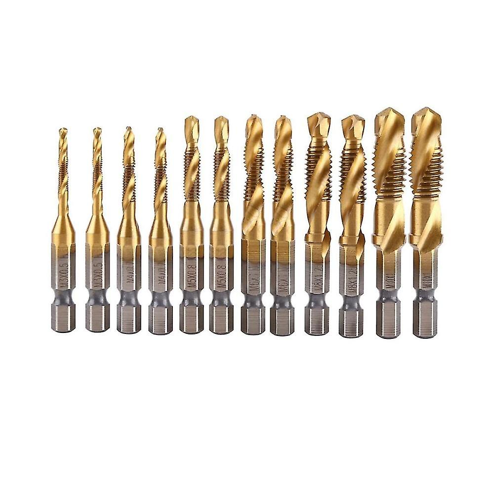 12pcs Tap Drill Bit Set Hex Handle Titanium Plated Hss Screw Thread Bit Screw Machine Compound Tap