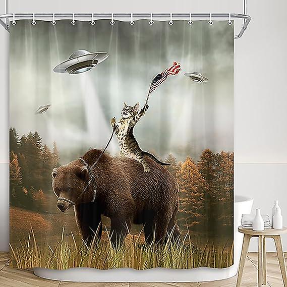 Alien Cat Riding Brown Bear On Fall Forest Shower Curtains Sets For Bathroom Accessories Polyester With 12 Hooks