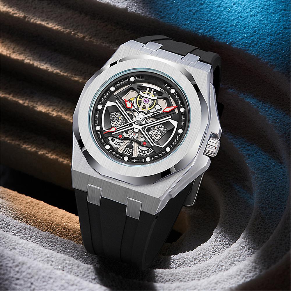 Skeletonized Automatic Mechanical Dial Waterproof Round Men's Watch With Silicone Strap