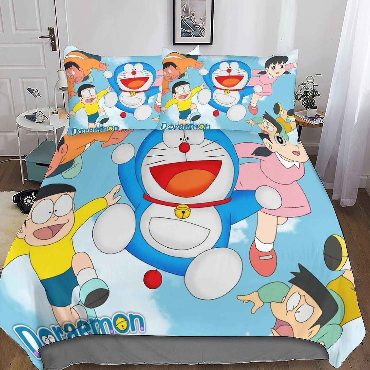 VCLUST Doraemon 3D Digital Print Bedding Sets with Pillowcase Duvet Cover Ss Soft Microfiber 3 Piece Set Cute Anime Quilt Cover with Zipper Closure