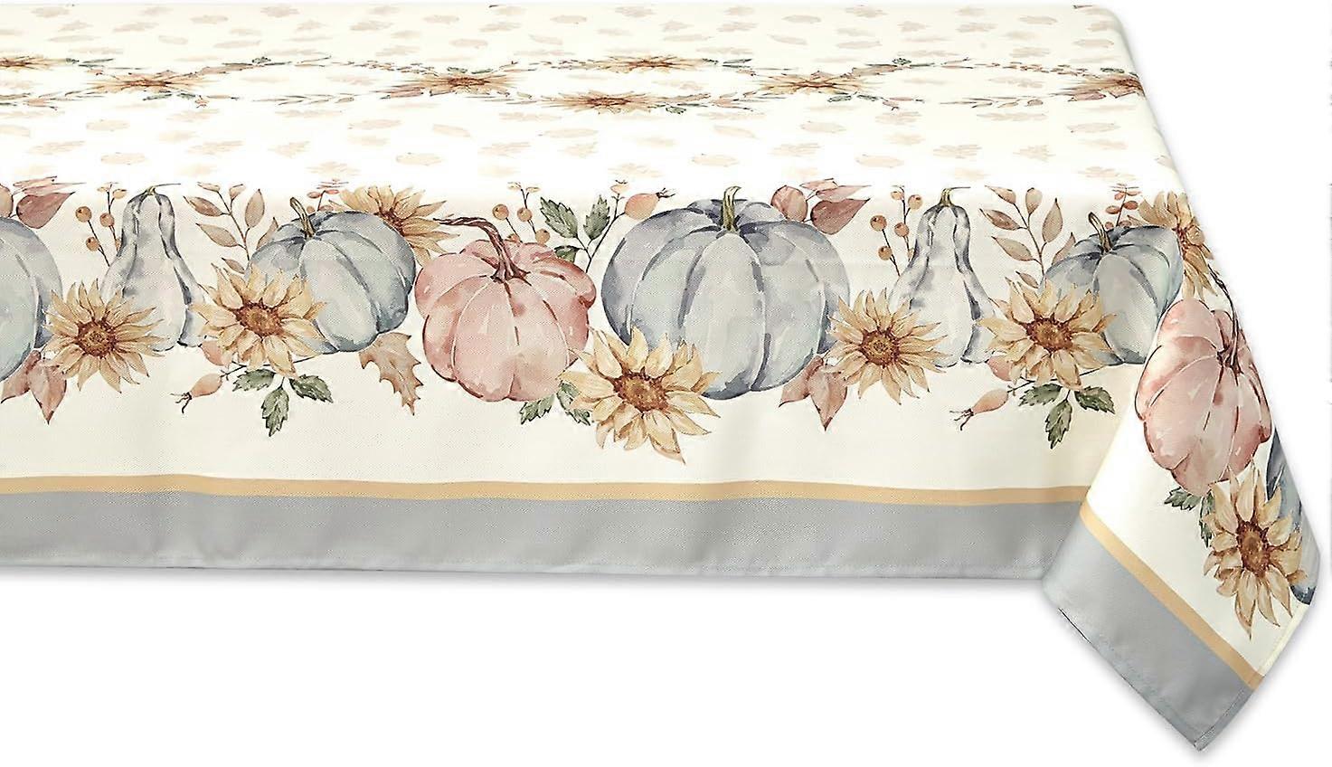 Blue Pumpkin Bordered Thanksgiving Tabletop, Stonewashed Fall Pumpkin and Sunflower Cottage Print Easy Care Fabric, Farmhouse Harvest, Tablecloth, 52