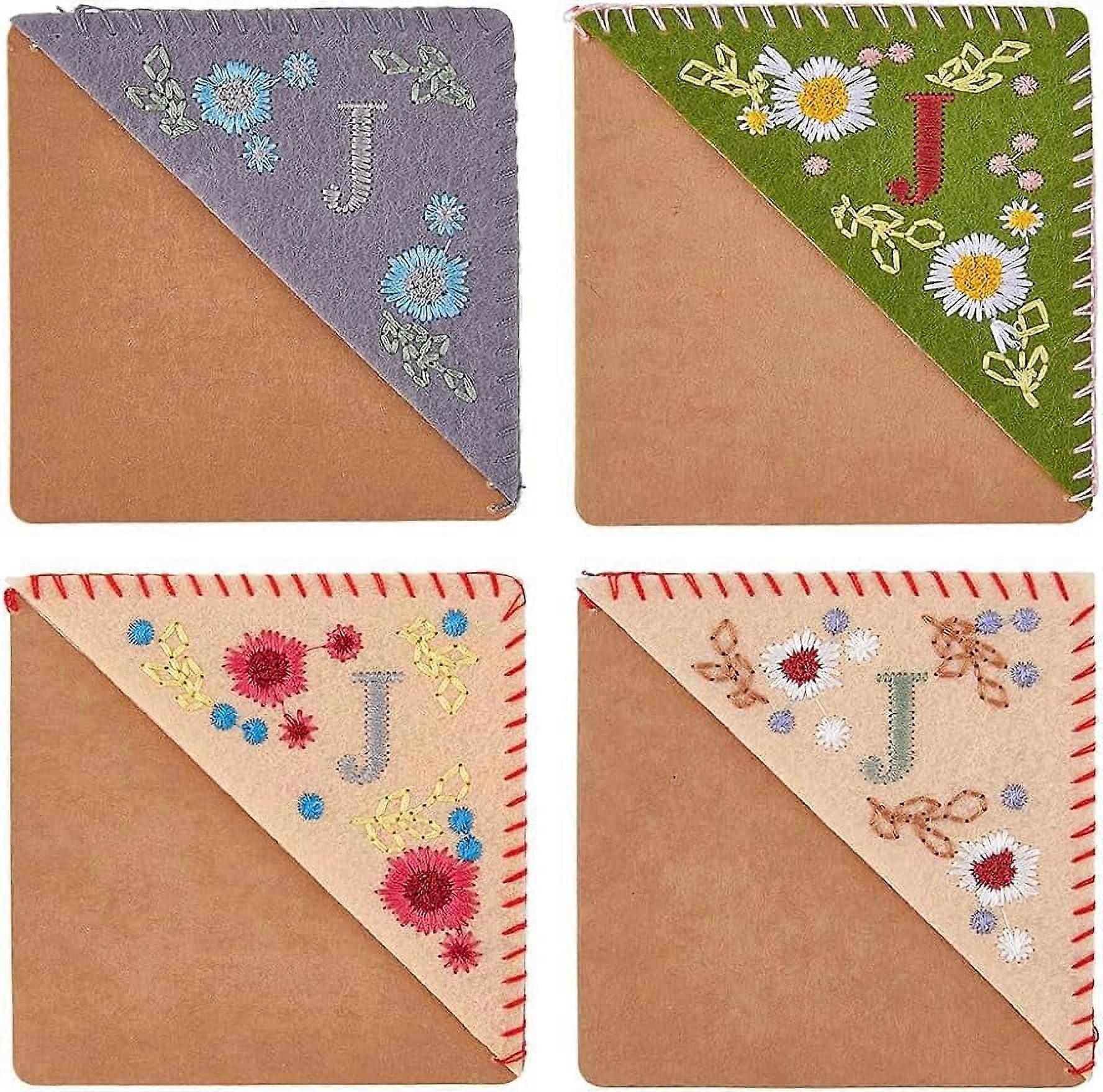 4Styles Hand Embroidered Corner Bookmarks Unique Cute Flower Letter J Bookmarks Felt Triangle Page Stitched Bookmarks Season Theme Cloth Fabric Book M