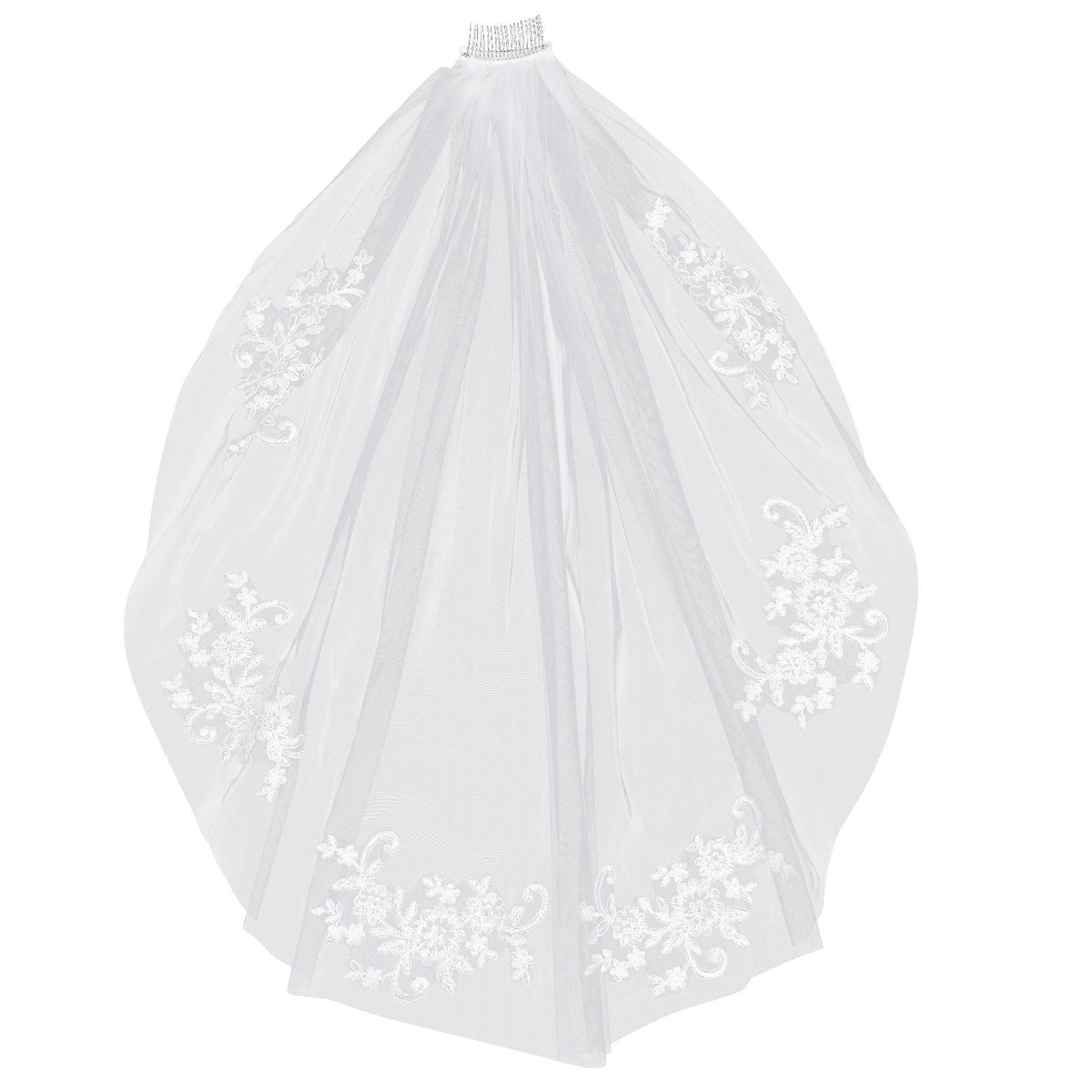 Frcolor Simple and Elegant Crystal Beaded Short Bridal Veils with Lace Appliques (Beige White)