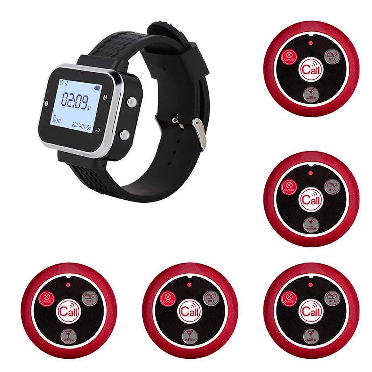 5 Ruftaste 1 Armbanduhr Pager Restaurant Wireless Calling System Transmitter Paging Cafe Waiter Service Summer A