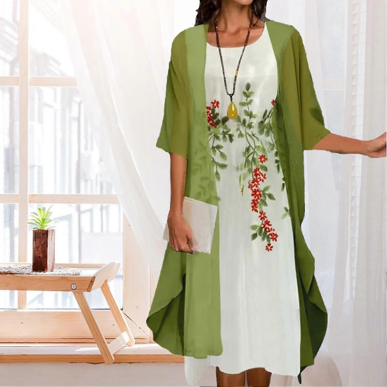 1 Set Ofis Bayan Hırka Elbise Çiçek Baskı Bohem İki Parça Vintage Şifon Midi Elbise Parti İçin Set