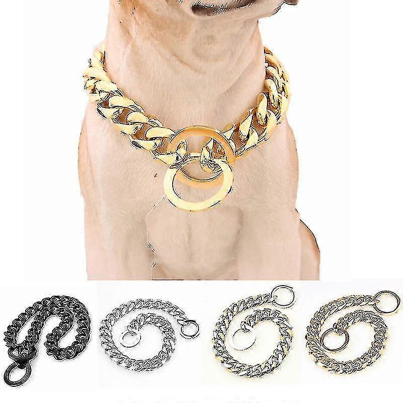 Gold Dog Collar Chain With Steel Buckle Width, Stainless Steel Cuban Link Slip Chain Training-golden Silver-22inches (huali)