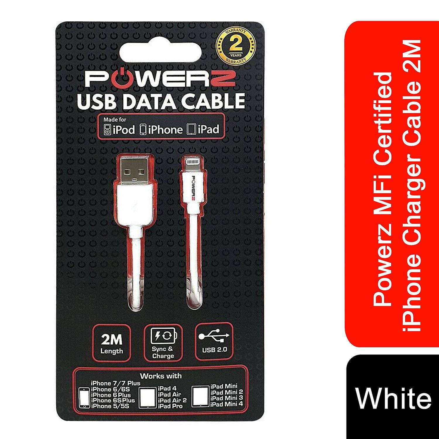 Powerz MFi Certified iPhone Charger Cable 2M, White