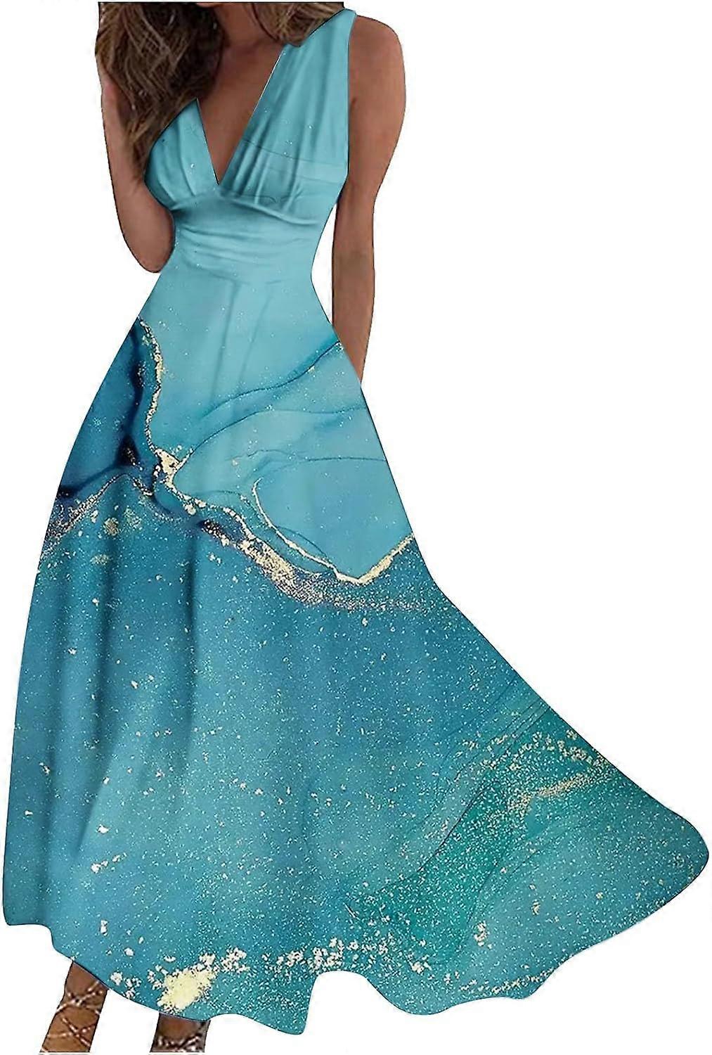 Women's Deep V Neck Flowy Maxi Dresses Elegant Marble Print High Waist Sleeveless Formal Evening Party Dress