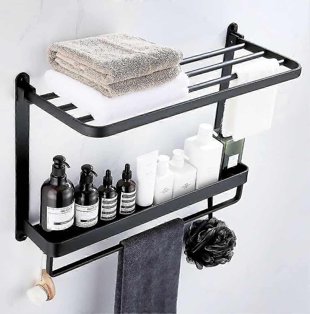 4 in 1 kylpyhuoneen pyyheteline, suihkuhylly + pyyheteline + koukut kylpyhuoneeseen ja keittiöön, itseliimautuva seinälle asennettava pyyheteline poraamatta mustaa