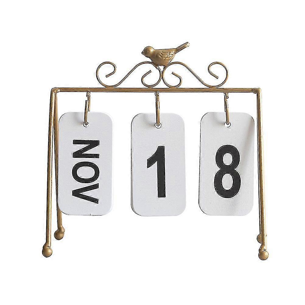 Creative Desk Calendar Wrought Iron Bird Perpetual Calendar Home Decoration Display Stand Desktop Study Desk Calendar Ornaments Accessories (golden)