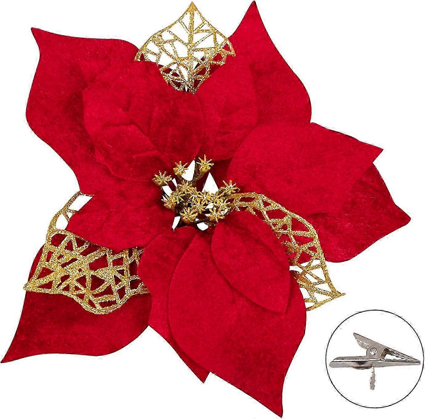 15 PCSポインセチア造花の飾りクリスマスツリーオーナメントクリップ付きレッドグリッターゴールド
