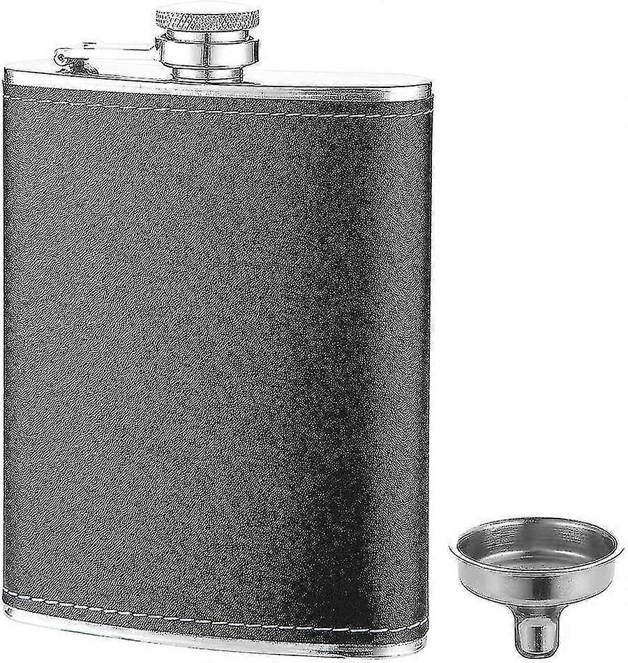 8 Oz Leak Proof Black Leather Cover Flask For Liquor And Funnel, 18/8 Stainless Steel Great Gift Pocket Hip Flask