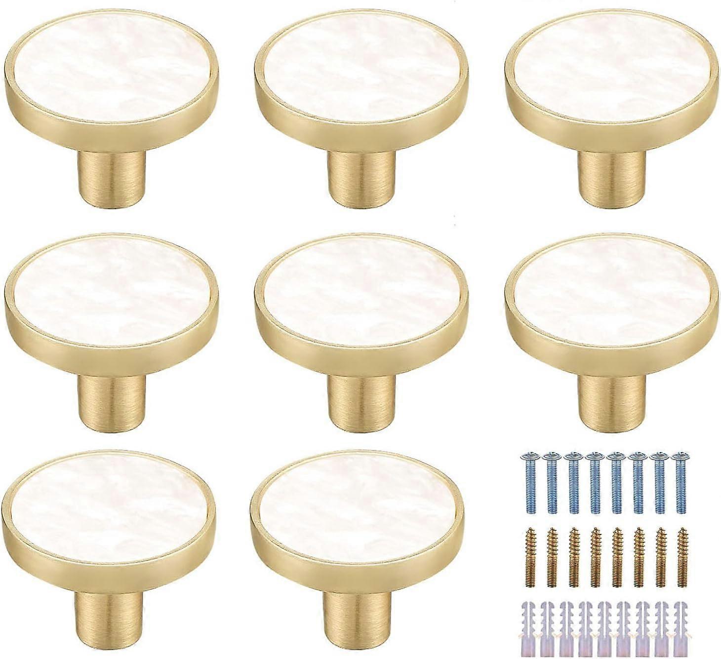 8 Pack White Marbled Brass Round Cabinet Knobs - White Decorative Drawer Knobs - Gold Dresser Knobs for Kitchen Furniture, Clothes Hooks