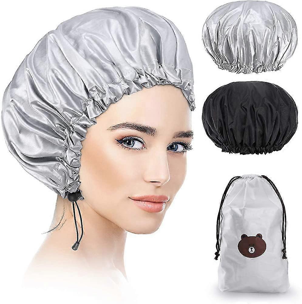 2 Piece Shower Cap, Waterproof Elastic Bathing Cap Reusable Hat, Large Hair