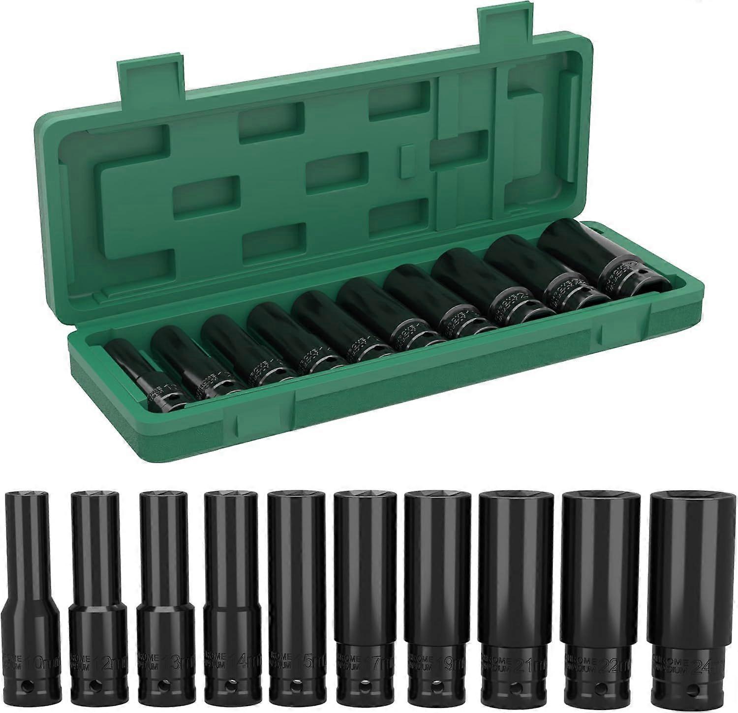 10Pcs 1/2 Impact Socket Set, 8-24mm Socket Set with Plastic Case, for Car Repair