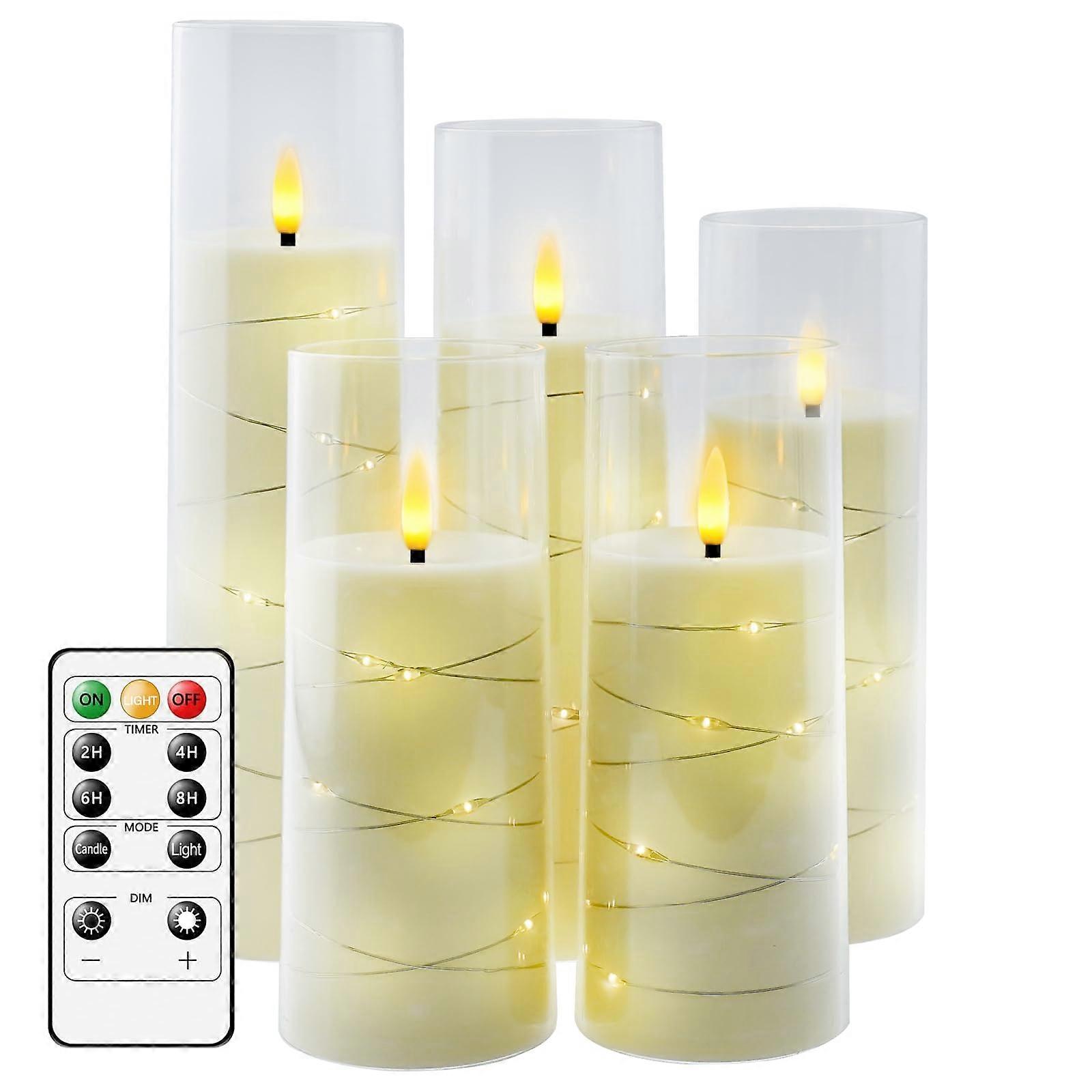 5 Pc Flameless LED Candles with Timer, Flickering Acrylic Shell, Star String, Battery Operated