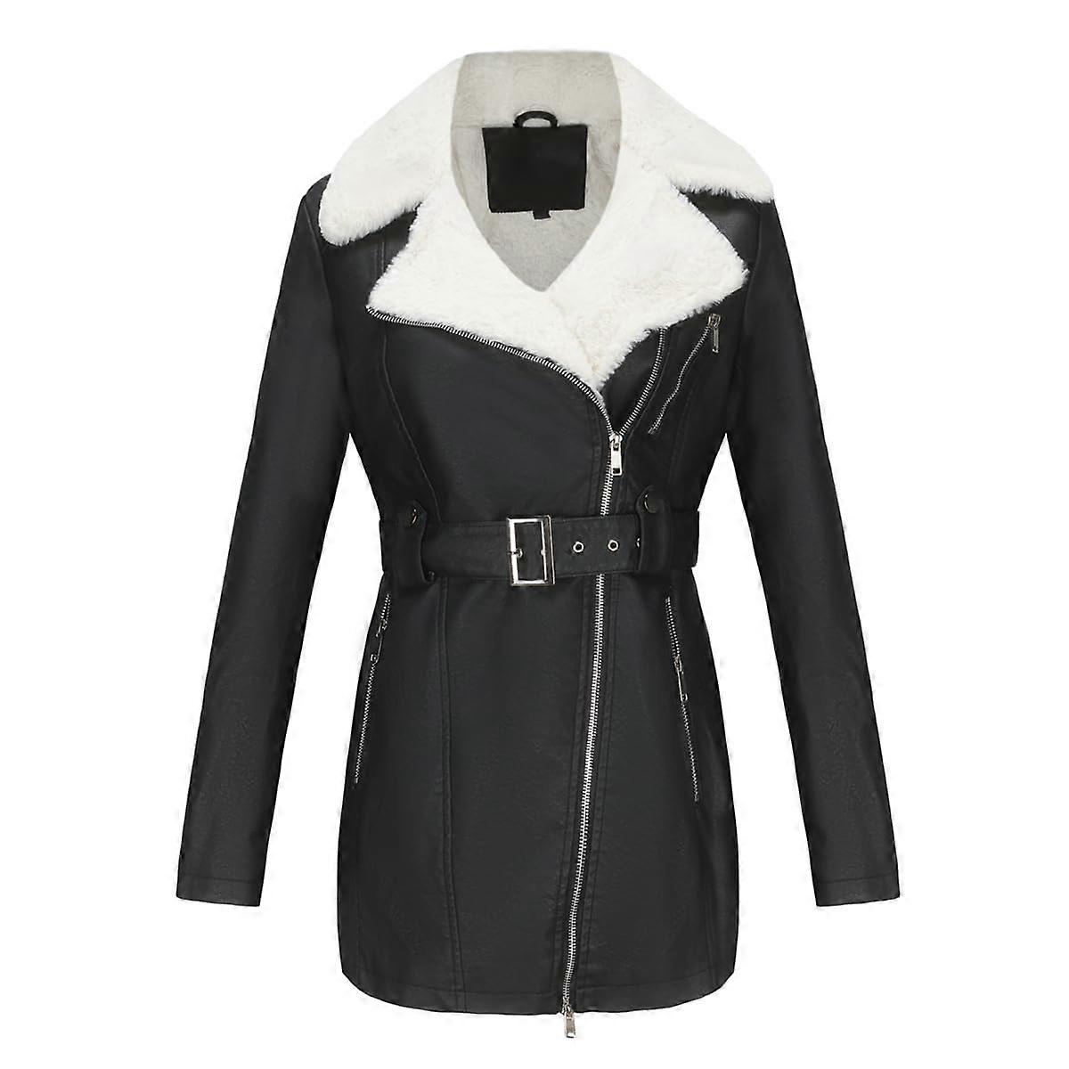 Faux Leather Fleece-Lined Sherpa Coat With Lapel Design For Winter Lapel Collar Outerwear