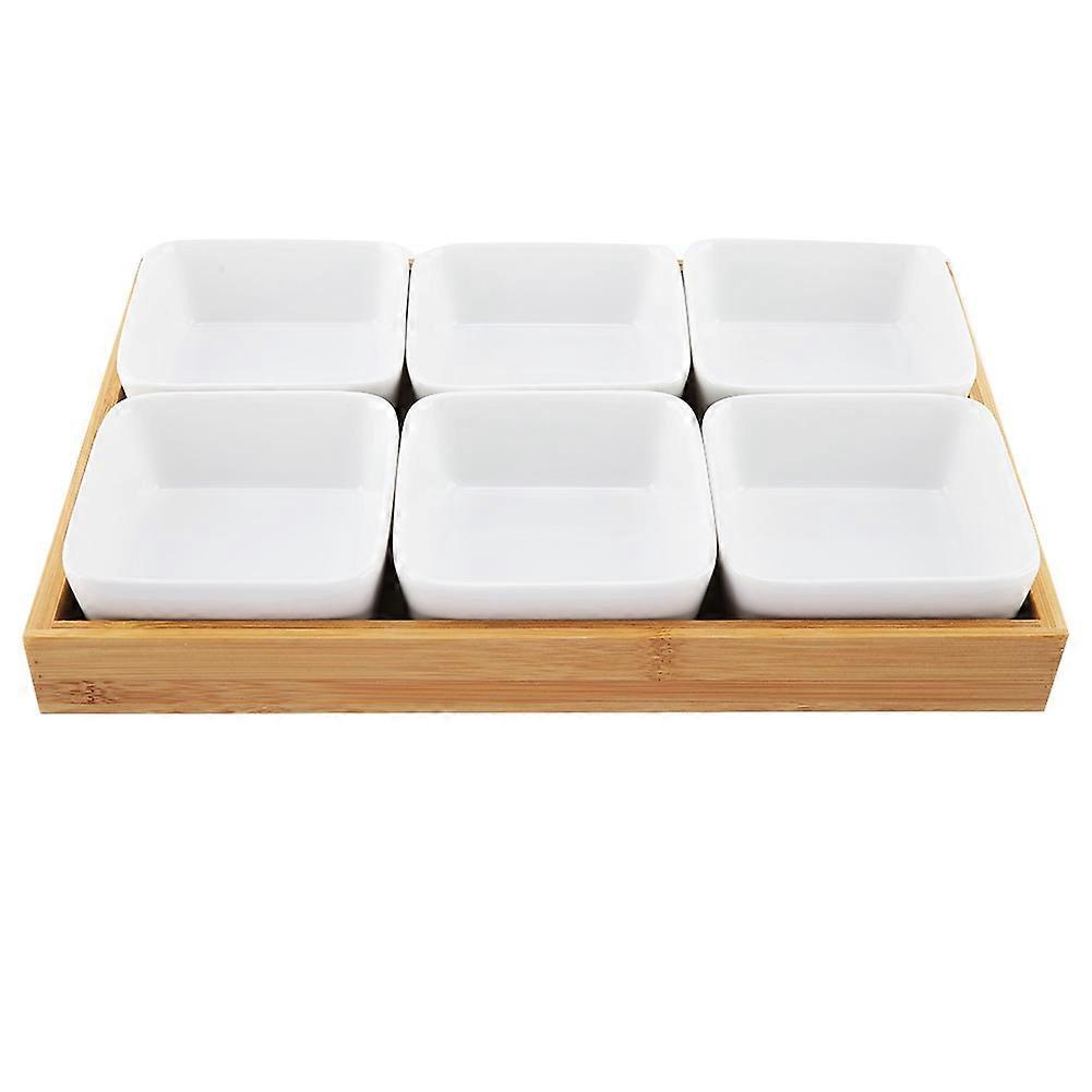 Ceramic Appetizer Serving Plate with Bamboo Tray for Fruits Nuts Desserts 6 Compartts