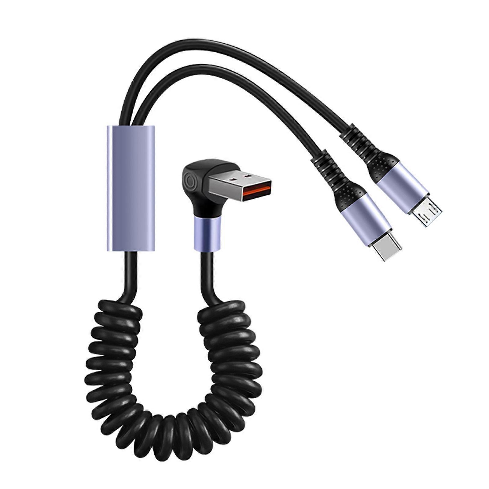 2 in 1 MicroUSB & Type C Car Charging Cable with Stretchable Spring Charging Data Cable for Multiple Devices