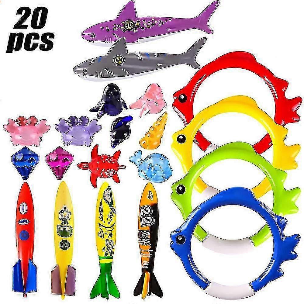ألعاب الغوص، 20 قطعة/مجموعة من ألعاب حمام السباحة للأطفال تحت الماء، ألعاب حمام سباحة تدريبية تتضمن حلقات الغوص، طوربيدات، أسماك قرش، أخطبوط، أحجار كريمة، حيوانات بحرية