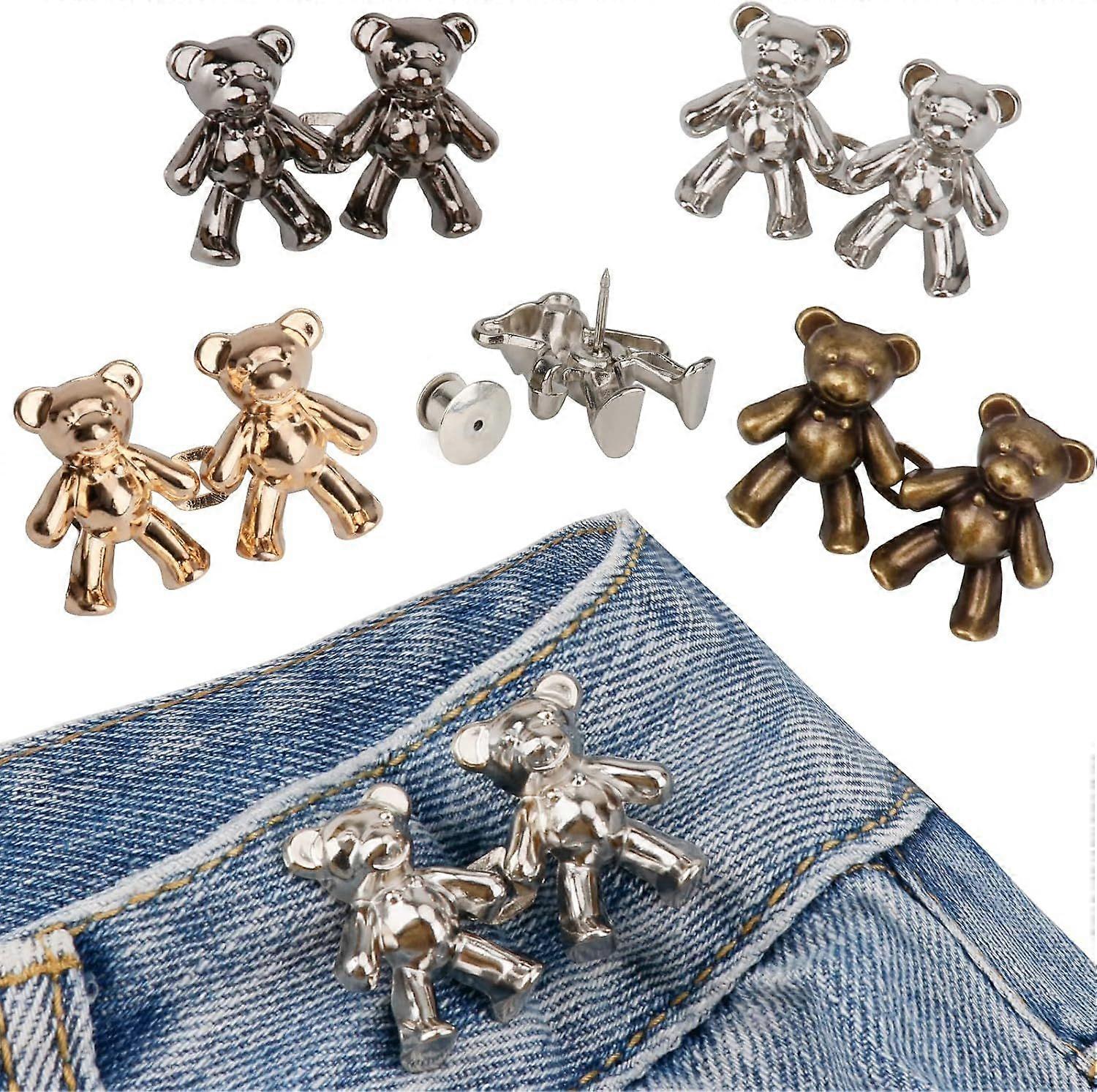 4 Sets Cute Bear Button Pins for Jeans, No Sew and No Tools Instant Pant Waist Tightener, Adjustable Jean Buttons Pins for Loose Jeans Replacement Pan
