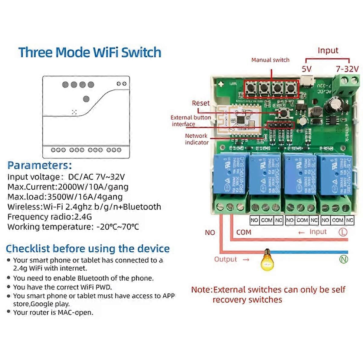 EWeLink Smart Switch 4 Channel Smart WiFi Switch Module 7-32V