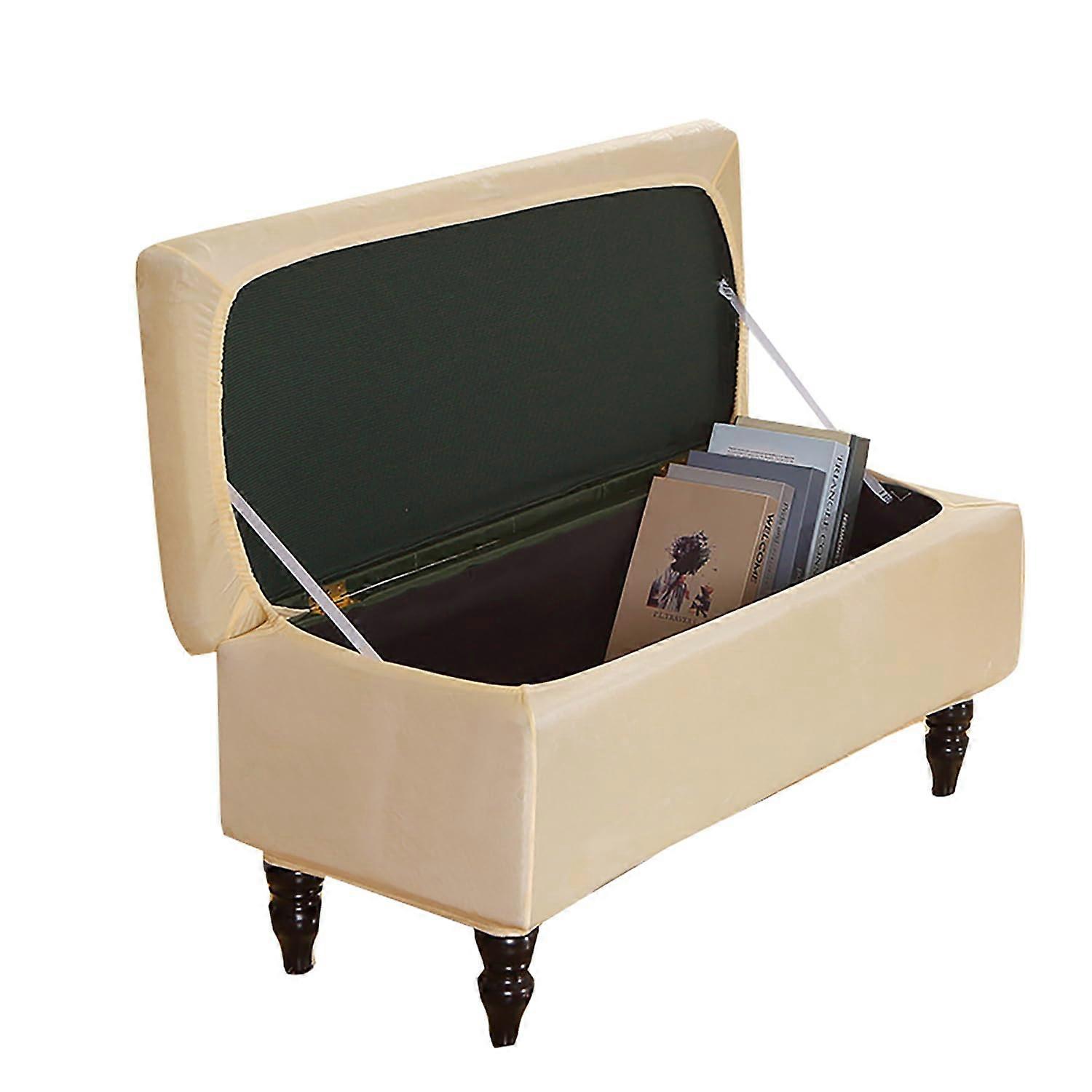 Ottoman Cover Velvet Rectangle Stretchy Slipcover for Large Foldable Storage Bench Footrest in Washable Beige