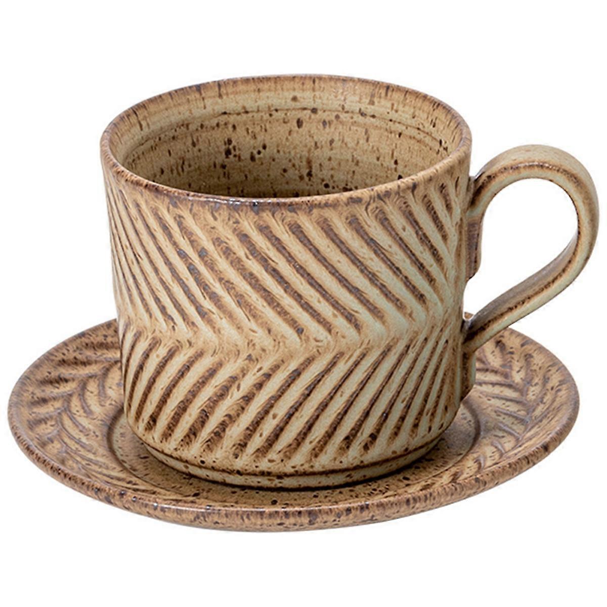 280ml Ceramic Tea Cup Set with Saucer - Retro Stoneware Home Use