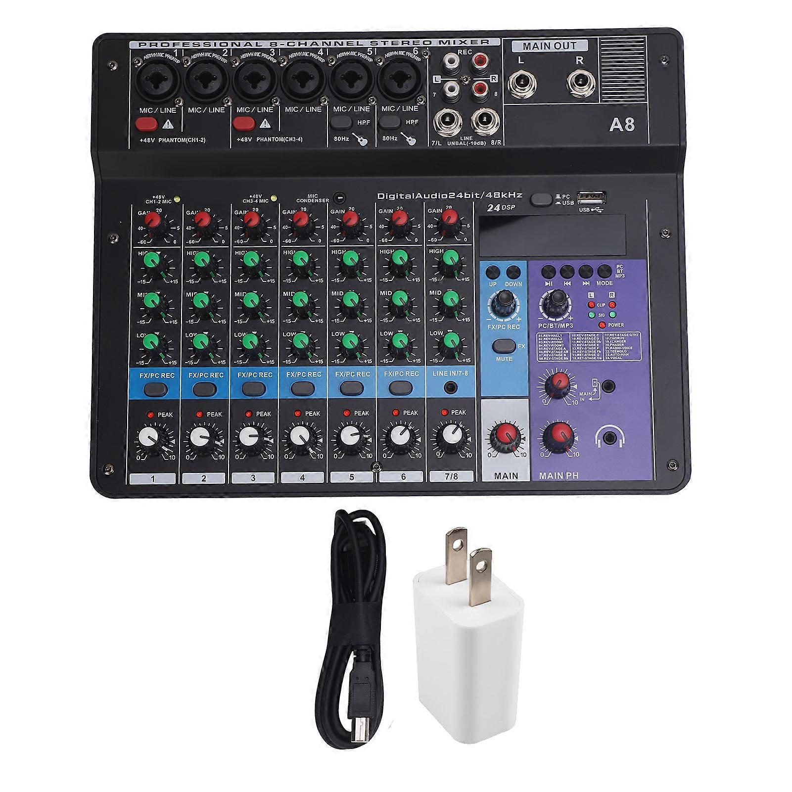 8 Channel USB Bluetooth Mixer - Studio Sound Console with Phantom Power & LED Lights