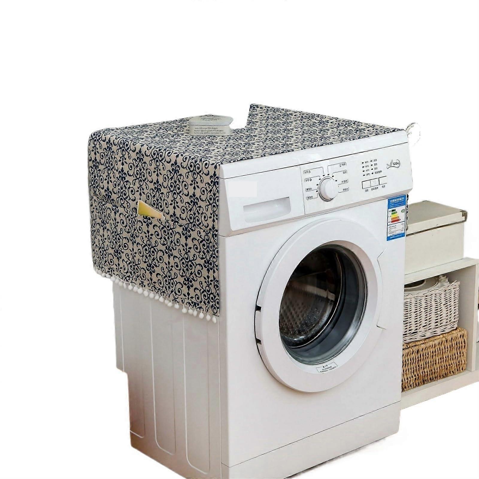 Washing Machine Cover Dustproof Linen-Print With Black Pattern Ball Tassel Pocket 70x170 cm S43786