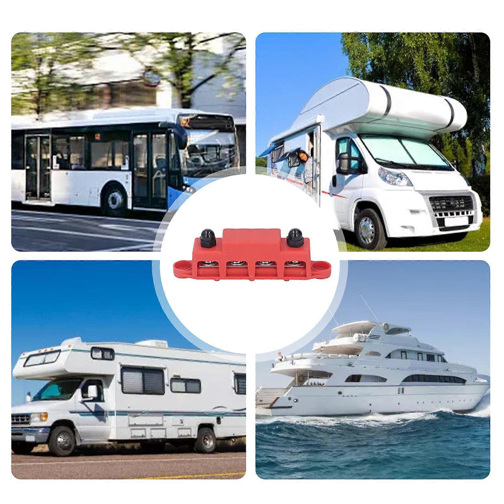 4 Position Bus Bar M10 Studs Power Distribution Block for Automobile RV Yacht 48VDC 250A Red 